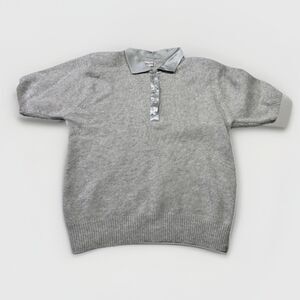 Vintage Jacqueline Lambswool Angora Knit Polo Sweater Gray Satin Collar 80s M